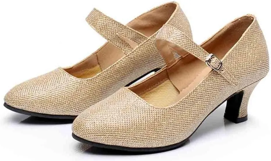 Heels for Women Ballroom Latin Dance Shoes Glitter Leather Closed Toe Heels Buckle Wedding Heels for Bride