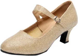 Heels for Women Ballroom Latin Dance Shoes Glitter Leather Closed Toe Heels Buckle Wedding Heels for Bride