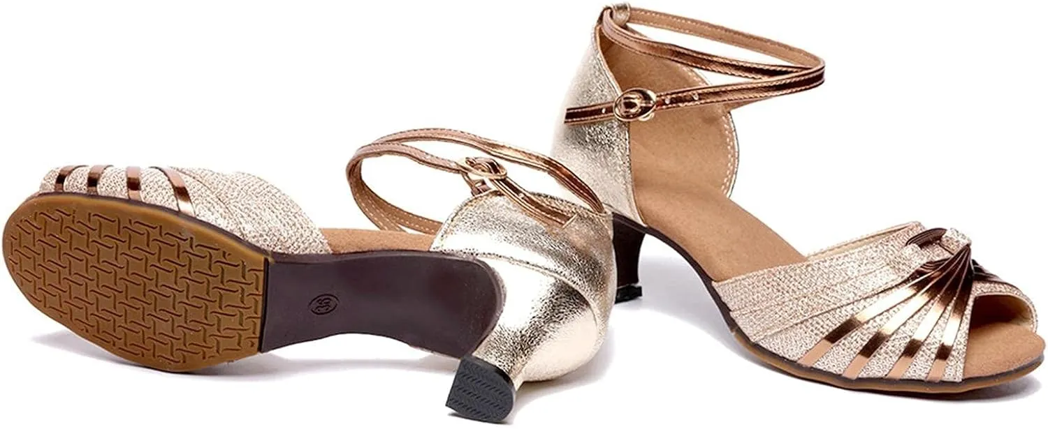 Heels for Women Silver Latin Dance Shoes Satin Open Toe Heel Ballroom Dance Practice Shoes Buckle Prom Heels