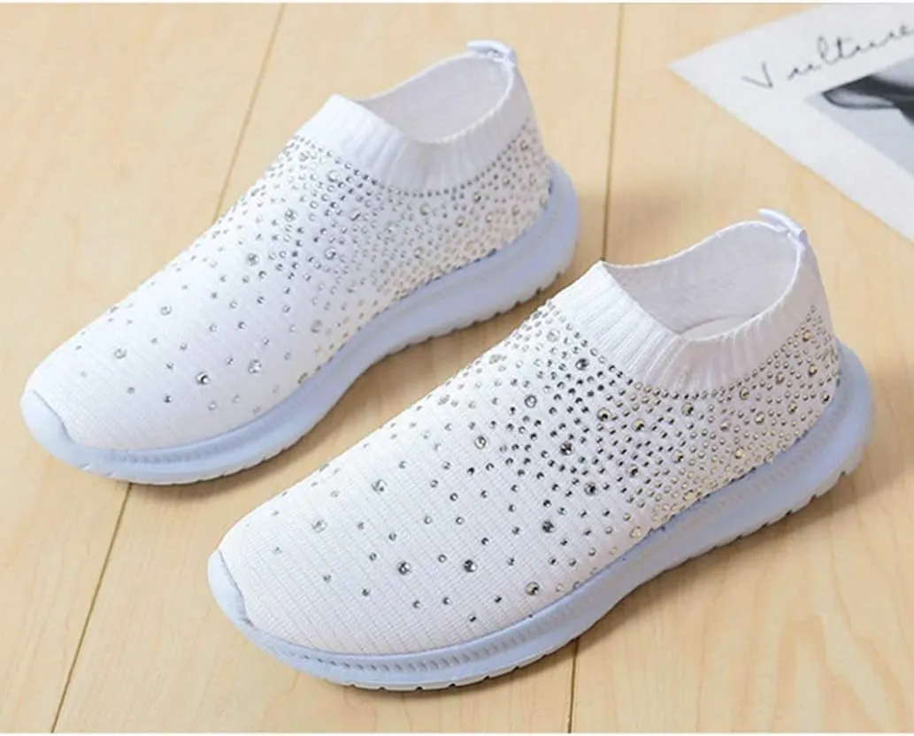 HINDOLA Women's Mesh Walking Shoes Rhinestone Glitter Slip On Ballroom Jazz Latin Dance Sock Sneakers Casual Shoes