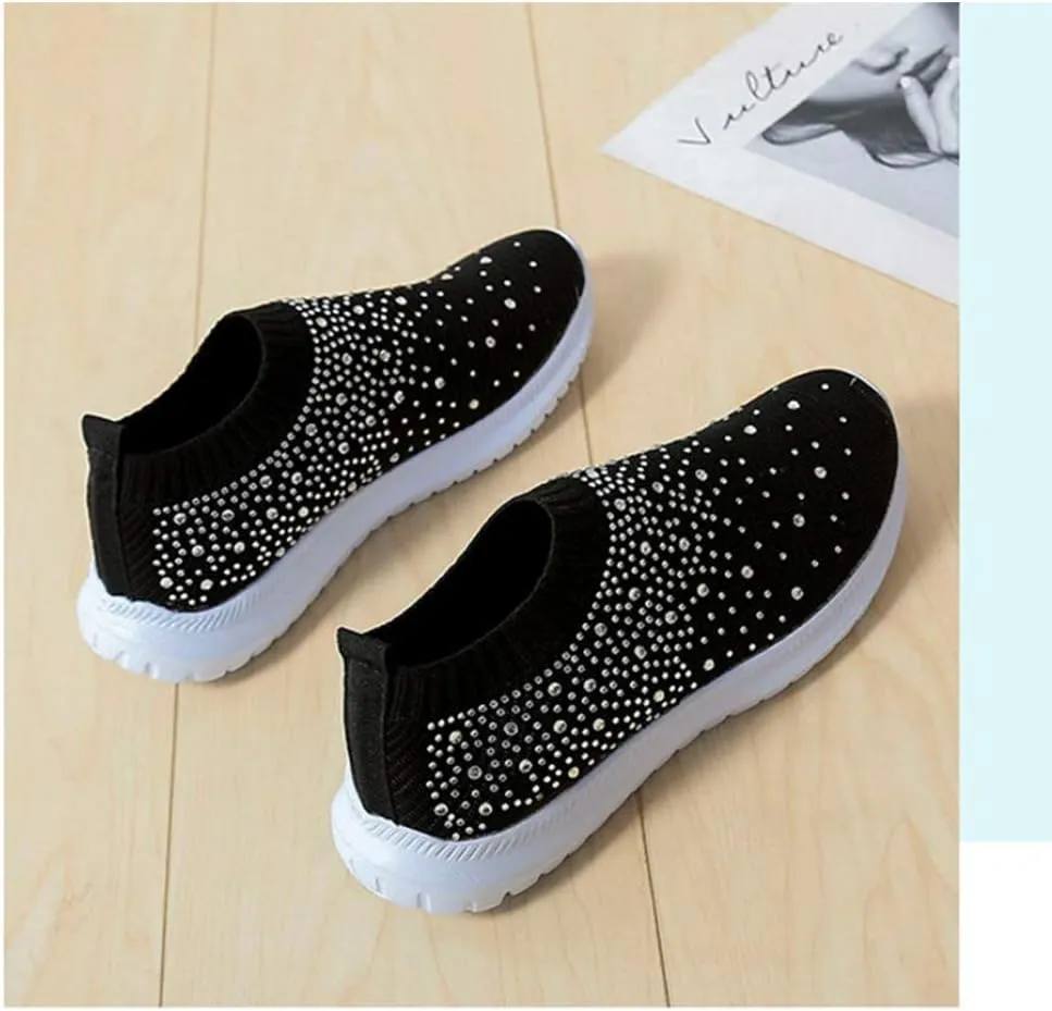 HINDOLA Women's Mesh Walking Shoes Rhinestone Glitter Slip On Ballroom Jazz Latin Dance Sock Sneakers Casual Shoes