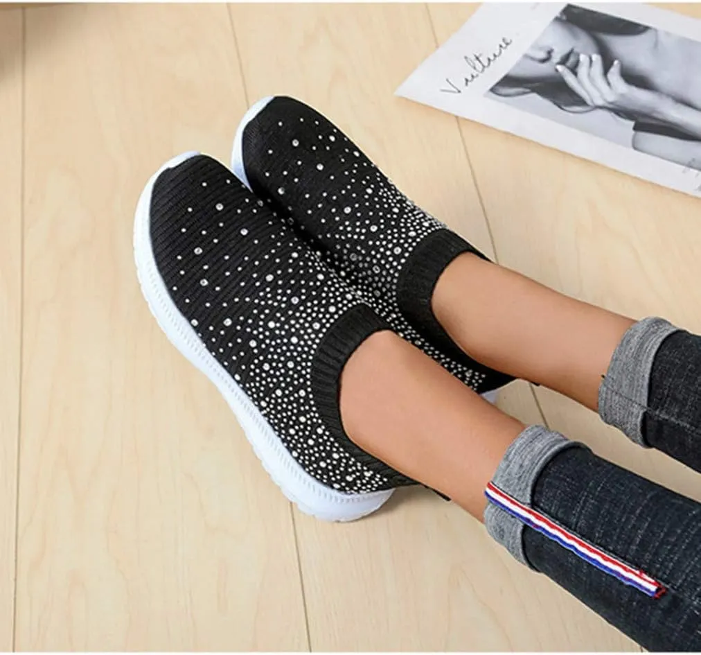 HINDOLA Women's Mesh Walking Shoes Rhinestone Glitter Slip On Ballroom Jazz Latin Dance Sock Sneakers Casual Shoes
