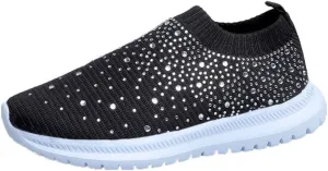 HINDOLA Women's Mesh Walking Shoes Rhinestone Glitter Slip On Ballroom Jazz Latin Dance Sock Sneakers Casual Shoes