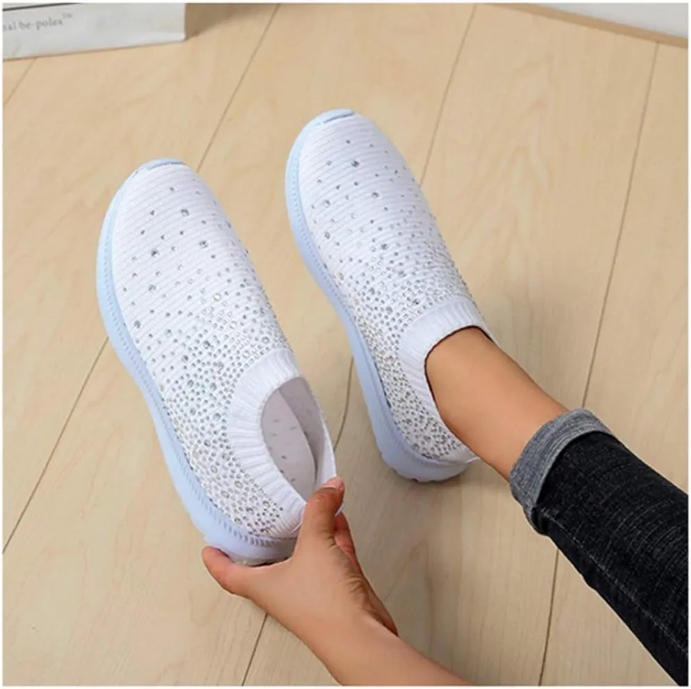 HINDOLA Women's Mesh Walking Shoes Rhinestone Glitter Slip On Ballroom Jazz Latin Dance Sock Sneakers Casual Shoes