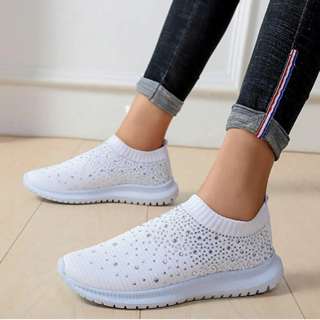HINDOLA Women's Mesh Walking Shoes Rhinestone Glitter Slip On Ballroom Jazz Latin Dance Sock Sneakers Casual Shoes