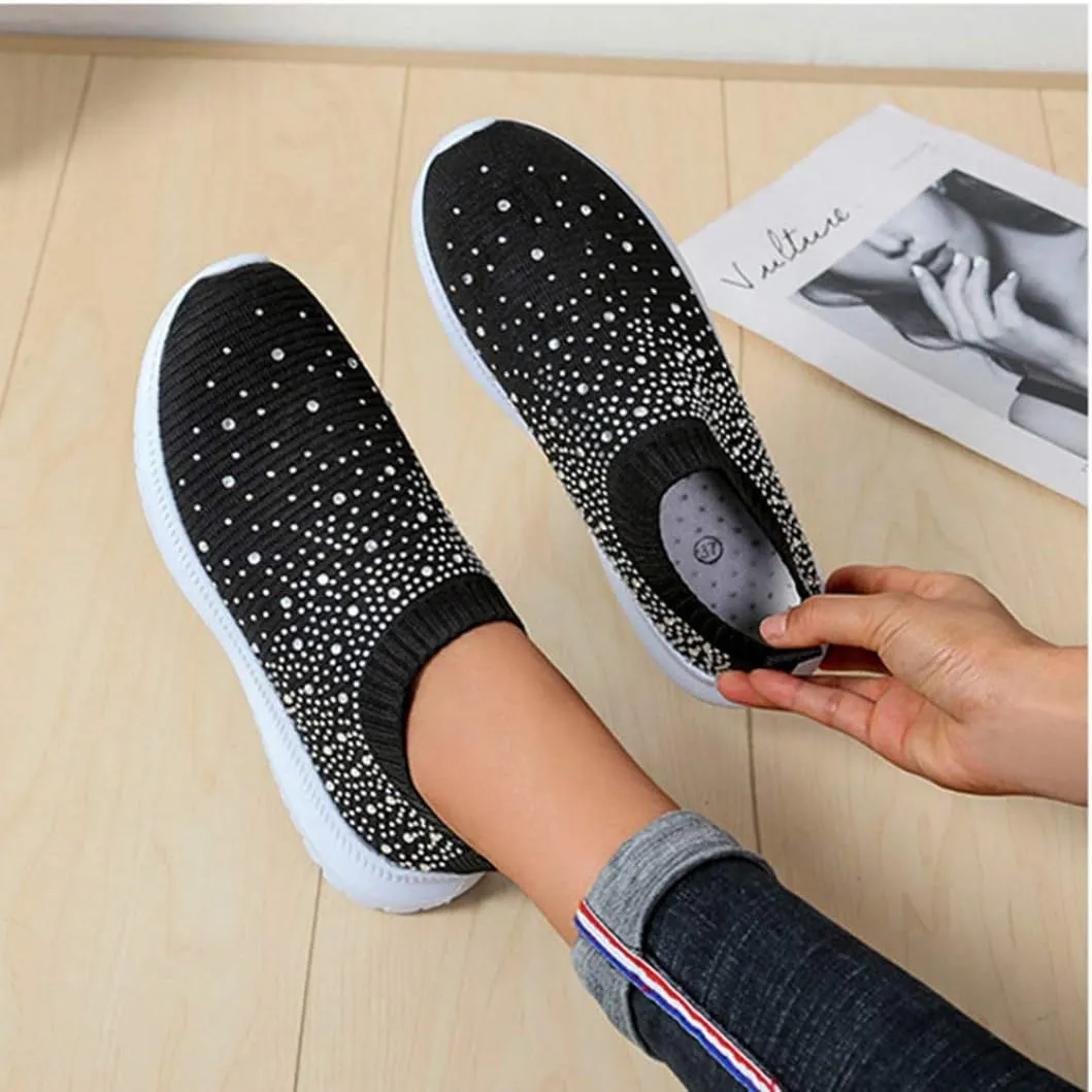HINDOLA Women's Mesh Walking Shoes Rhinestone Glitter Slip On Ballroom Jazz Latin Dance Sock Sneakers Casual Shoes