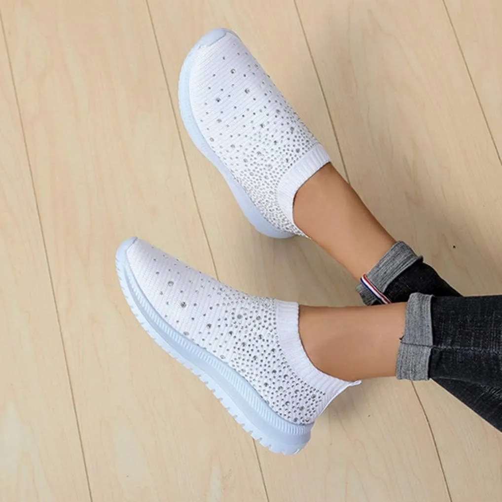 HINDOLA Women's Mesh Walking Shoes Rhinestone Glitter Slip On Ballroom Jazz Latin Dance Sock Sneakers Casual Shoes