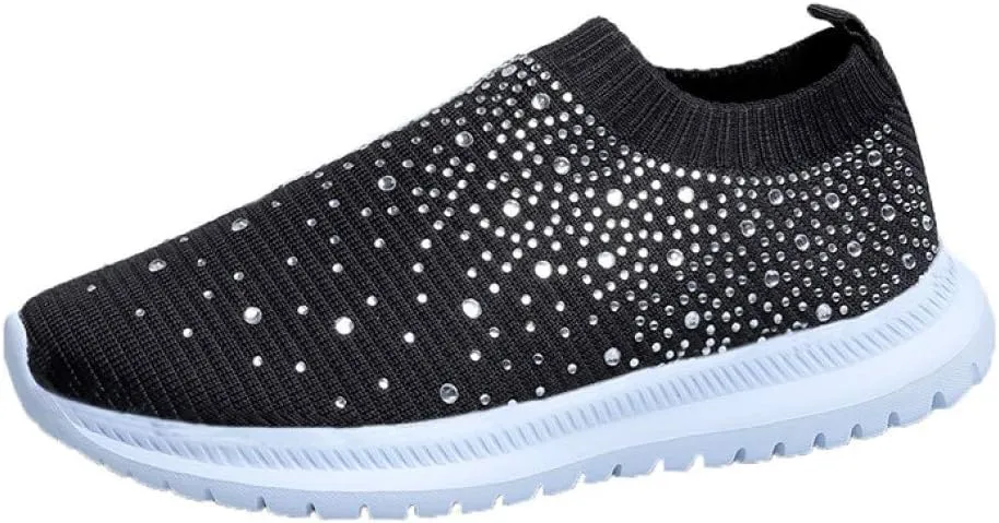 HINDOLA Women's Mesh Walking Shoes Rhinestone Glitter Slip On Ballroom Jazz Latin Dance Sock Sneakers Casual Shoes