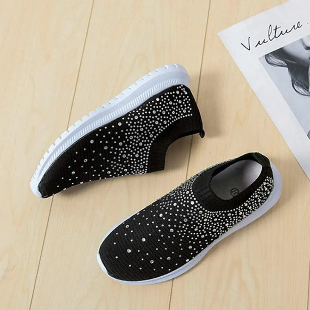 HINDOLA Women's Mesh Walking Shoes Rhinestone Glitter Slip On Ballroom Jazz Latin Dance Sock Sneakers Casual Shoes