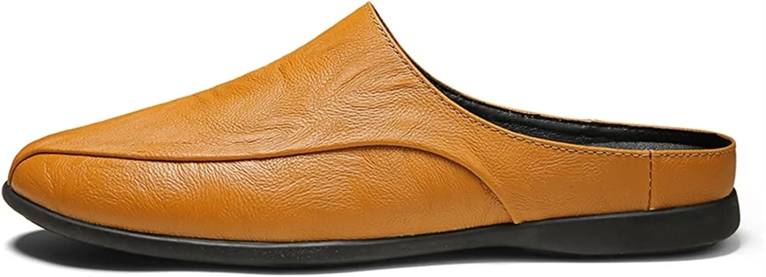 HOOENG Driving Moccasins for Men Breathable Brogue Shoes Backless Leather Anti-Slip Flexible Flat Heel Resistant Walking Slip On