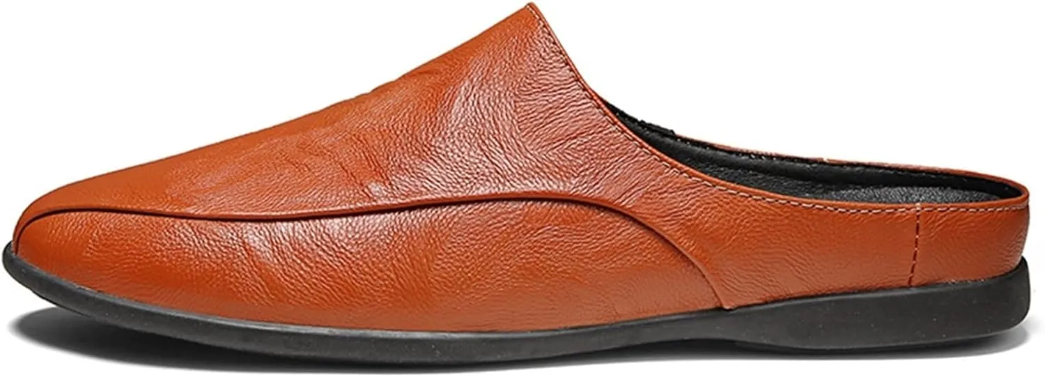 HOOENG Driving Moccasins for Men Breathable Brogue Shoes Backless Leather Anti-Slip Flexible Flat Heel Resistant Walking Slip On