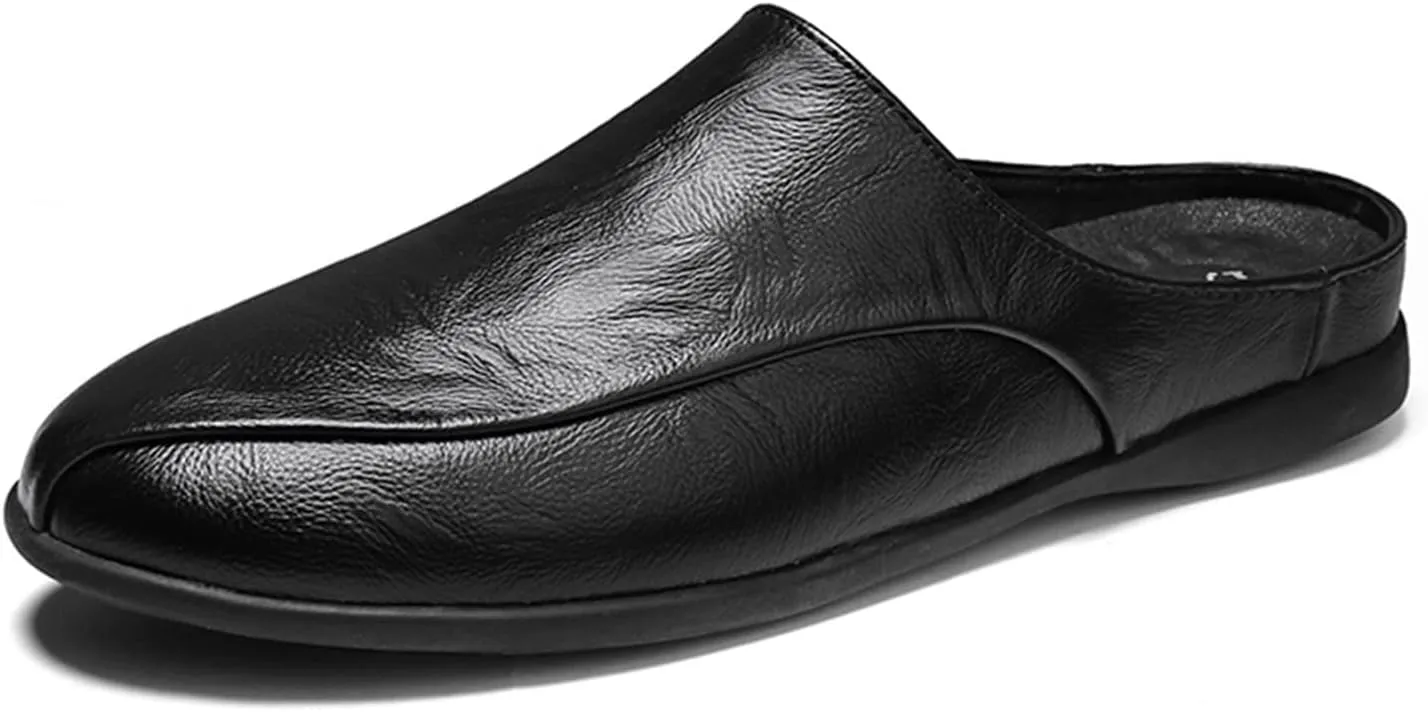HOOENG Driving Moccasins for Men Breathable Brogue Shoes Backless Leather Anti-Slip Flexible Flat Heel Resistant Walking Slip On