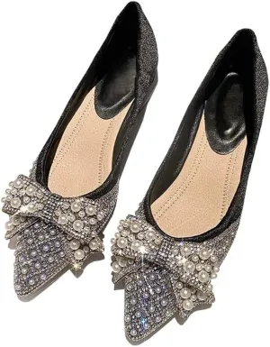 HuangTaiJi Qing Women's Sparkling Ballet Wedding Flats Rhinestone Pearl Bowknot Glitter Party Club Prom Loafers Dress Shoes Y-Black US 7.5