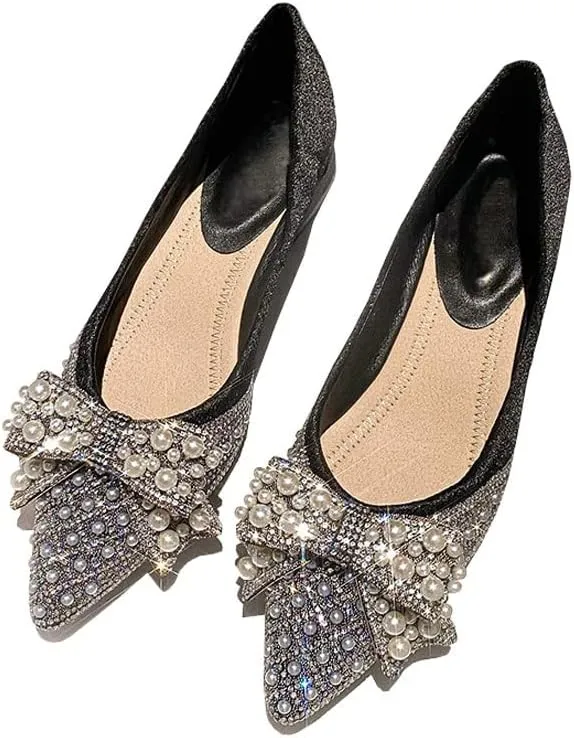 HuangTaiJi Qing Women's Sparkling Ballet Wedding Flats Rhinestone Pearl Bowknot Glitter Party Club Prom Loafers Dress Shoes Y-Black US 7.5