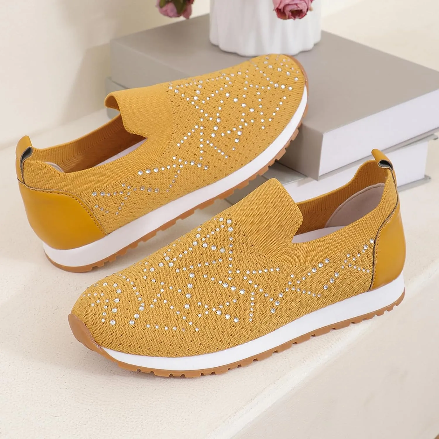 JITUUE Women's Rhinestones Mesh Sport Slip-on Shoes,Non Slip Breathable Lightweight Walking Shoes Sparkling Glitter Casual Sock Sneakers Ballroom Jazz Nurse Shoes