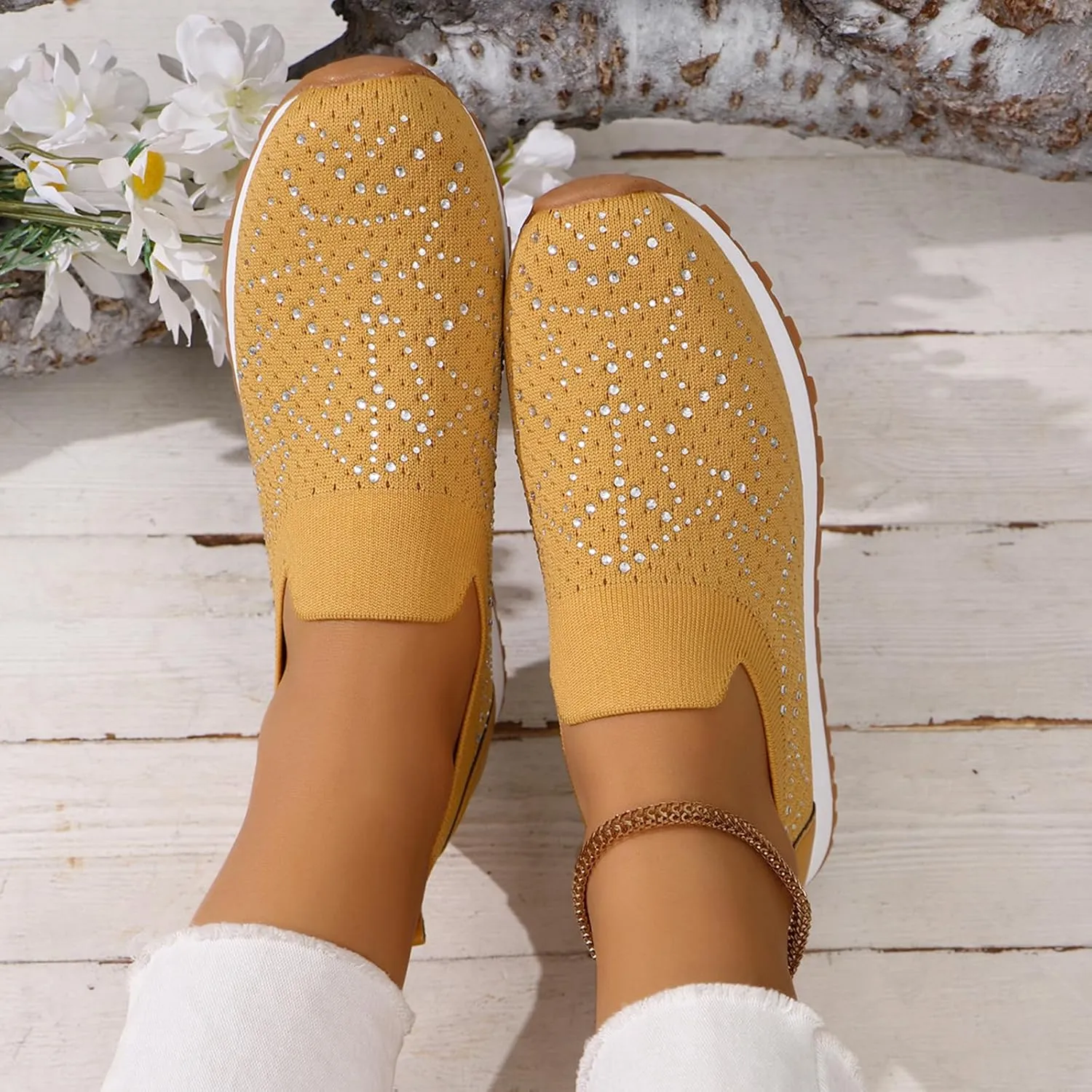 JITUUE Women's Rhinestones Mesh Sport Slip-on Shoes,Non Slip Breathable Lightweight Walking Shoes Sparkling Glitter Casual Sock Sneakers Ballroom Jazz Nurse Shoes