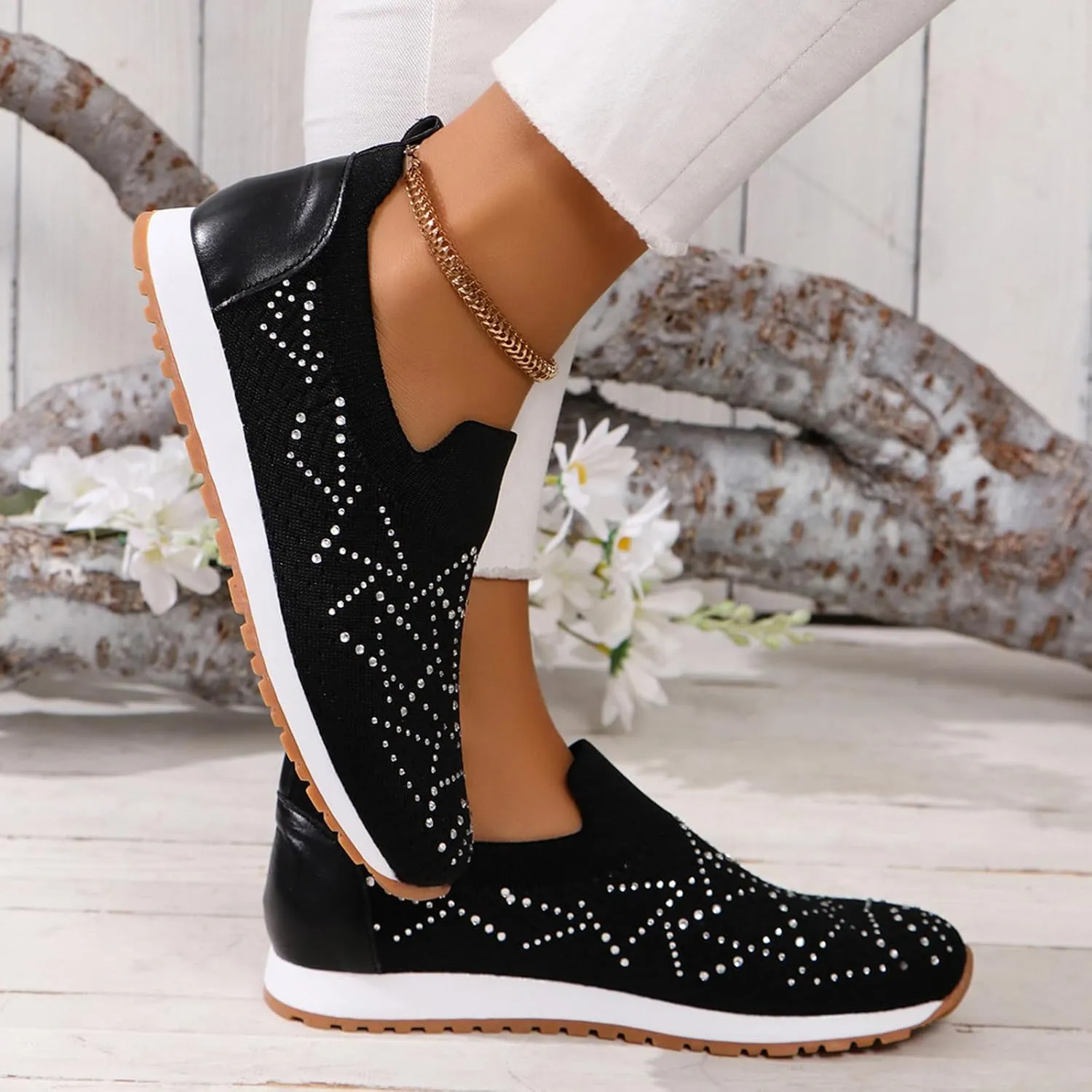 JITUUE Women's Rhinestones Mesh Sport Slip-on Shoes,Non Slip Breathable Lightweight Walking Shoes Sparkling Glitter Casual Sock Sneakers Ballroom Jazz Nurse Shoes