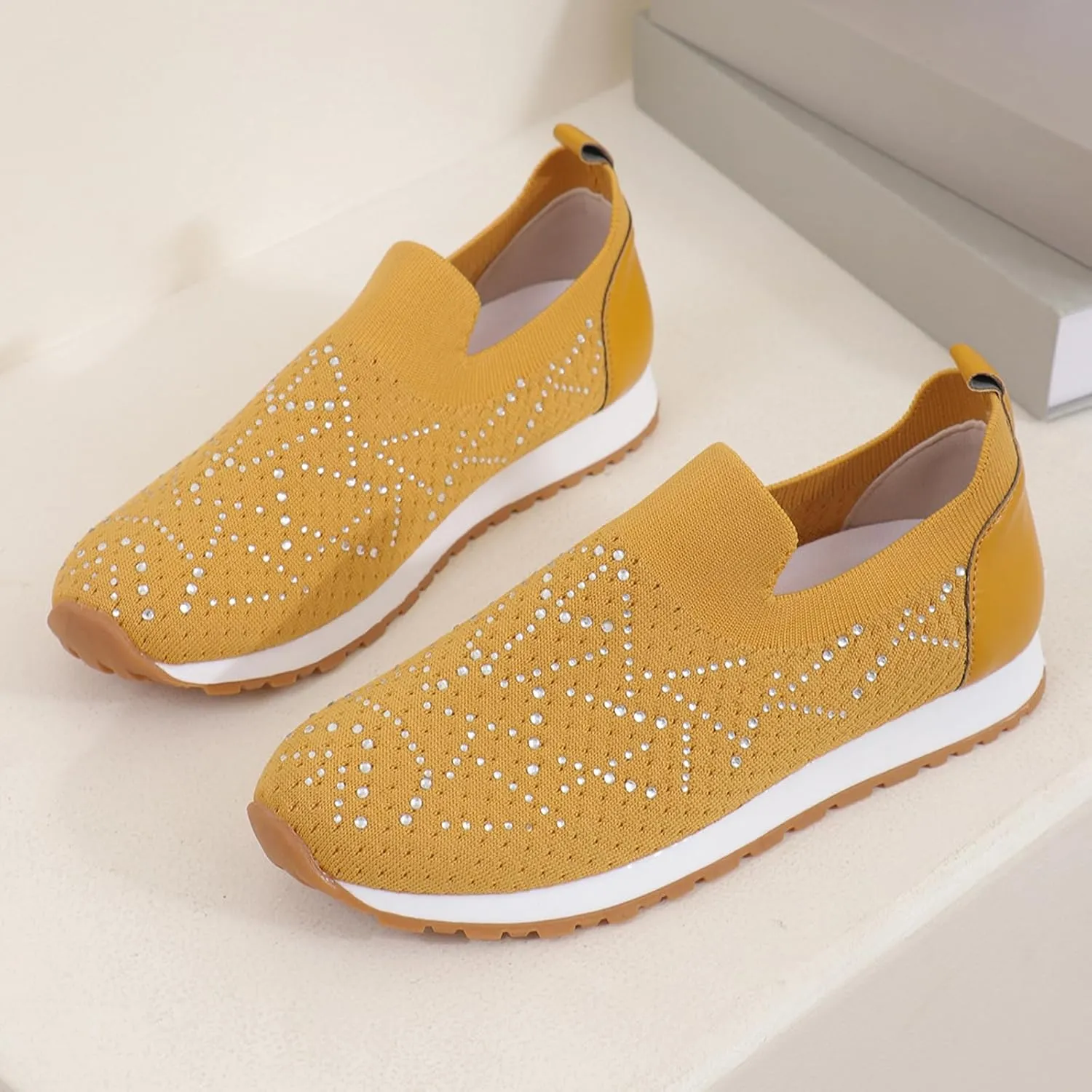 JITUUE Women's Rhinestones Mesh Sport Slip-on Shoes,Non Slip Breathable Lightweight Walking Shoes Sparkling Glitter Casual Sock Sneakers Ballroom Jazz Nurse Shoes