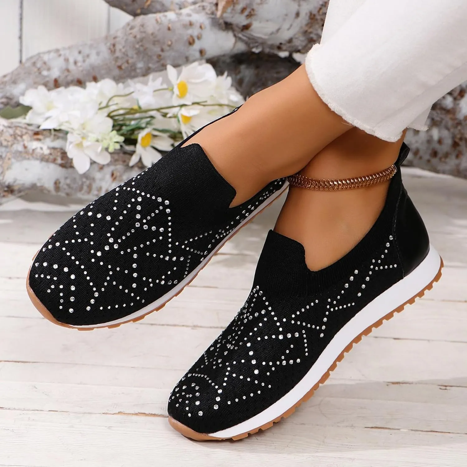 JITUUE Women's Rhinestones Mesh Sport Slip-on Shoes,Non Slip Breathable Lightweight Walking Shoes Sparkling Glitter Casual Sock Sneakers Ballroom Jazz Nurse Shoes