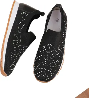 JITUUE Women's Rhinestones Mesh Sport Slip-on Shoes,Non Slip Breathable Lightweight Walking Shoes Sparkling Glitter Casual Sock Sneakers Ballroom Jazz Nurse Shoes