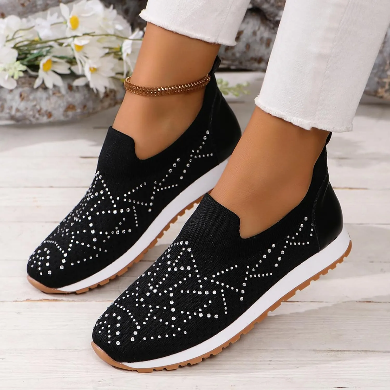 JITUUE Women's Rhinestones Mesh Sport Slip-on Shoes,Non Slip Breathable Lightweight Walking Shoes Sparkling Glitter Casual Sock Sneakers Ballroom Jazz Nurse Shoes