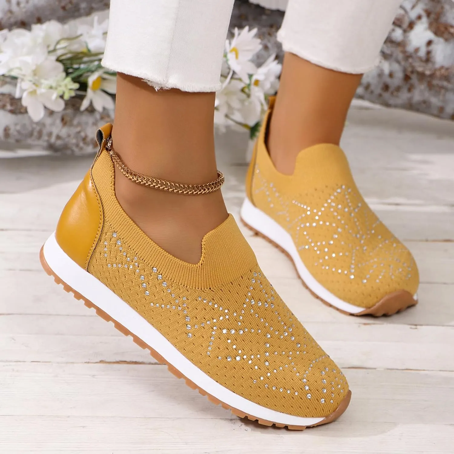 JITUUE Women's Rhinestones Mesh Sport Slip-on Shoes,Non Slip Breathable Lightweight Walking Shoes Sparkling Glitter Casual Sock Sneakers Ballroom Jazz Nurse Shoes