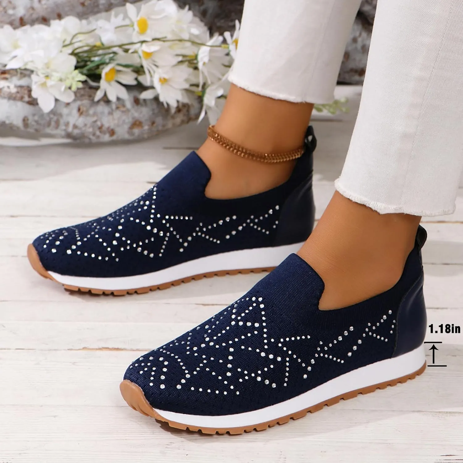 JITUUE Women's Rhinestones Mesh Sport Slip-on Shoes,Non Slip Breathable Lightweight Walking Shoes Sparkling Glitter Casual Sock Sneakers Ballroom Jazz Nurse Shoes