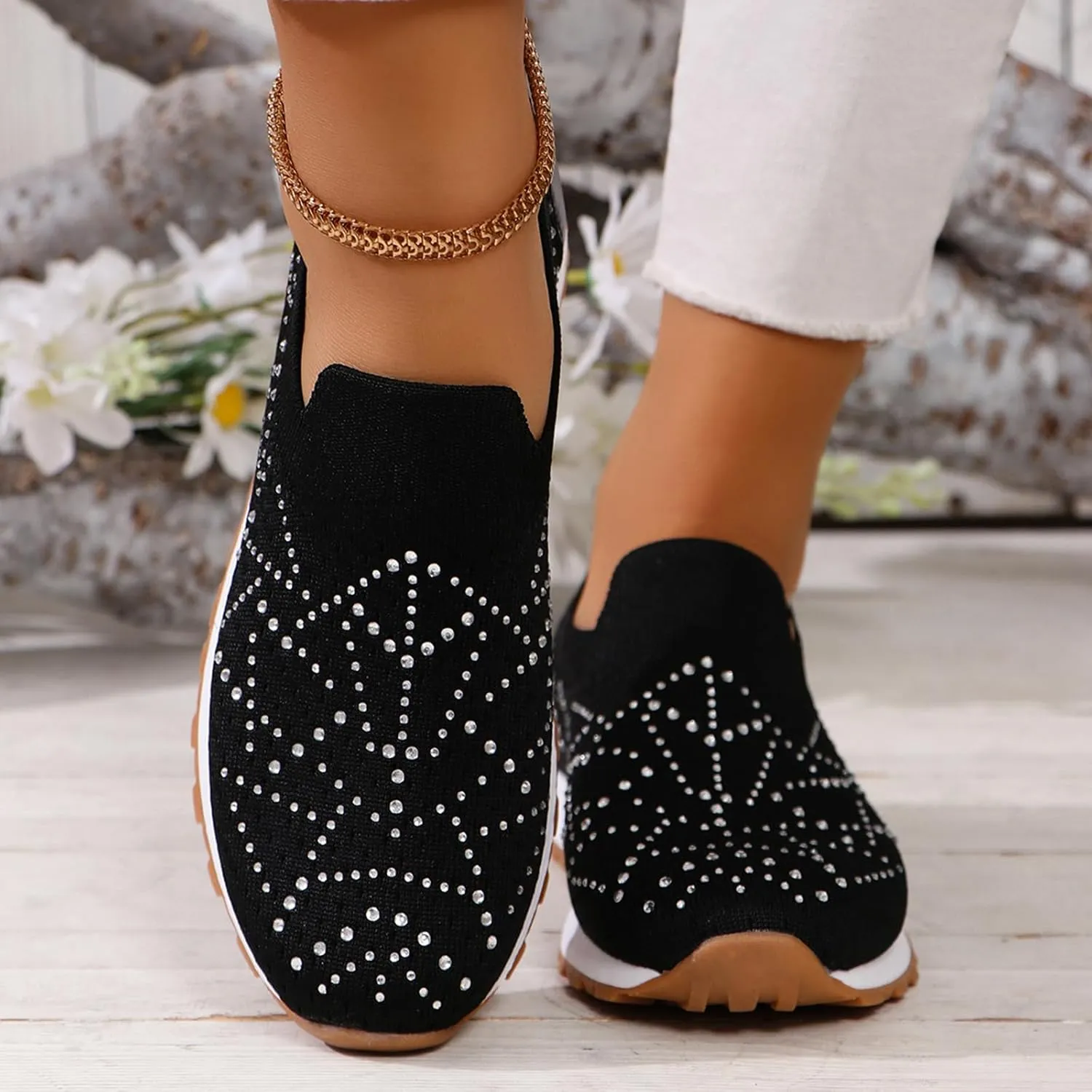 JITUUE Women's Rhinestones Mesh Sport Slip-on Shoes,Non Slip Breathable Lightweight Walking Shoes Sparkling Glitter Casual Sock Sneakers Ballroom Jazz Nurse Shoes