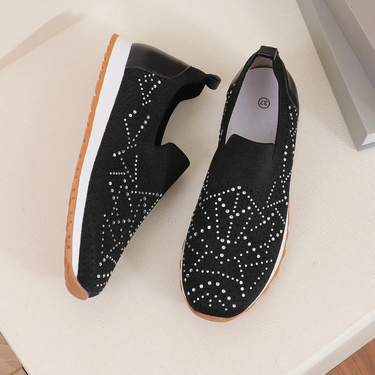 JITUUE Women's Rhinestones Mesh Sport Slip-on Shoes,Non Slip Breathable Lightweight Walking Shoes Sparkling Glitter Casual Sock Sneakers Ballroom Jazz Nurse Shoes