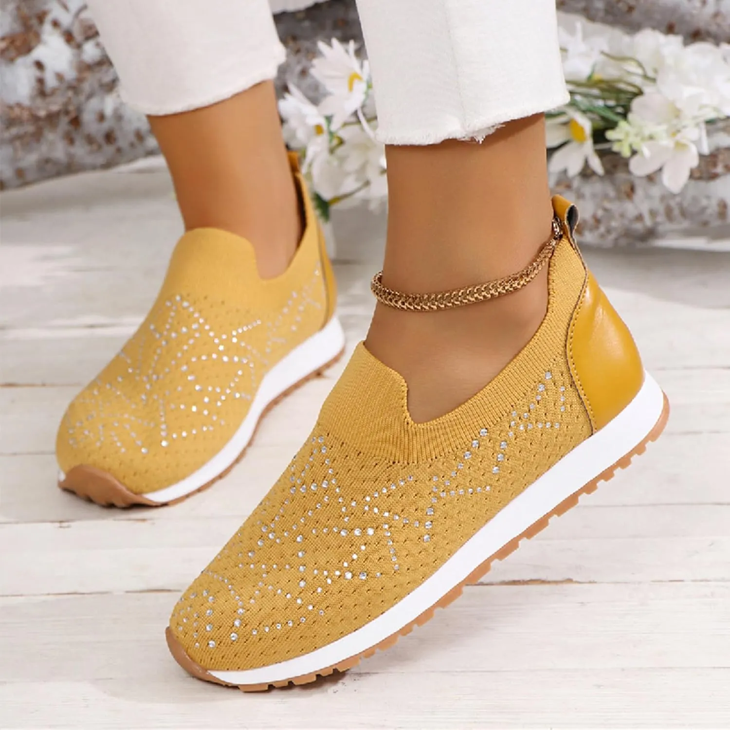 JITUUE Women's Rhinestones Mesh Sport Slip-on Shoes,Non Slip Breathable Lightweight Walking Shoes Sparkling Glitter Casual Sock Sneakers Ballroom Jazz Nurse Shoes
