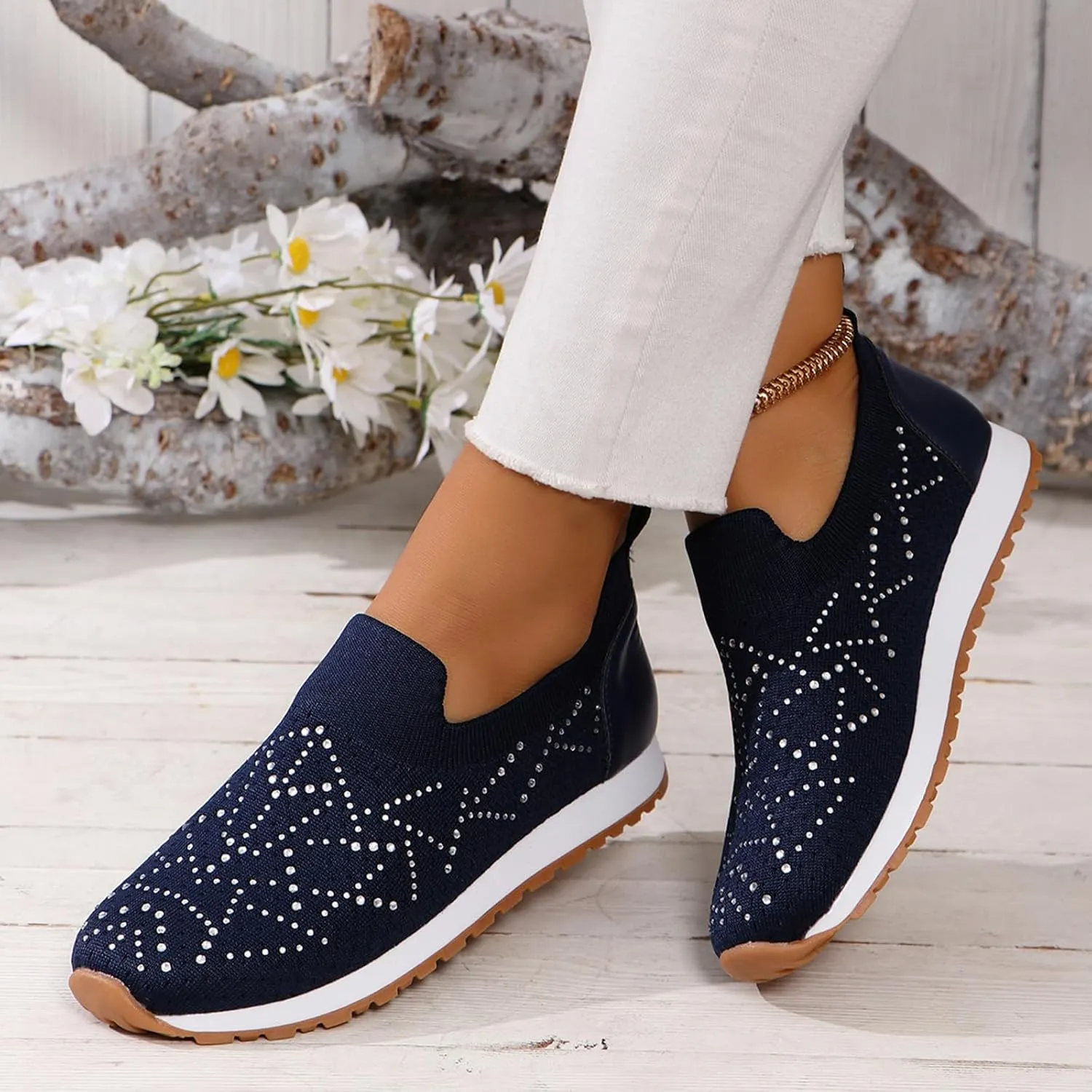 JITUUE Women's Rhinestones Mesh Sport Slip-on Shoes,Non Slip Breathable Lightweight Walking Shoes Sparkling Glitter Casual Sock Sneakers Ballroom Jazz Nurse Shoes