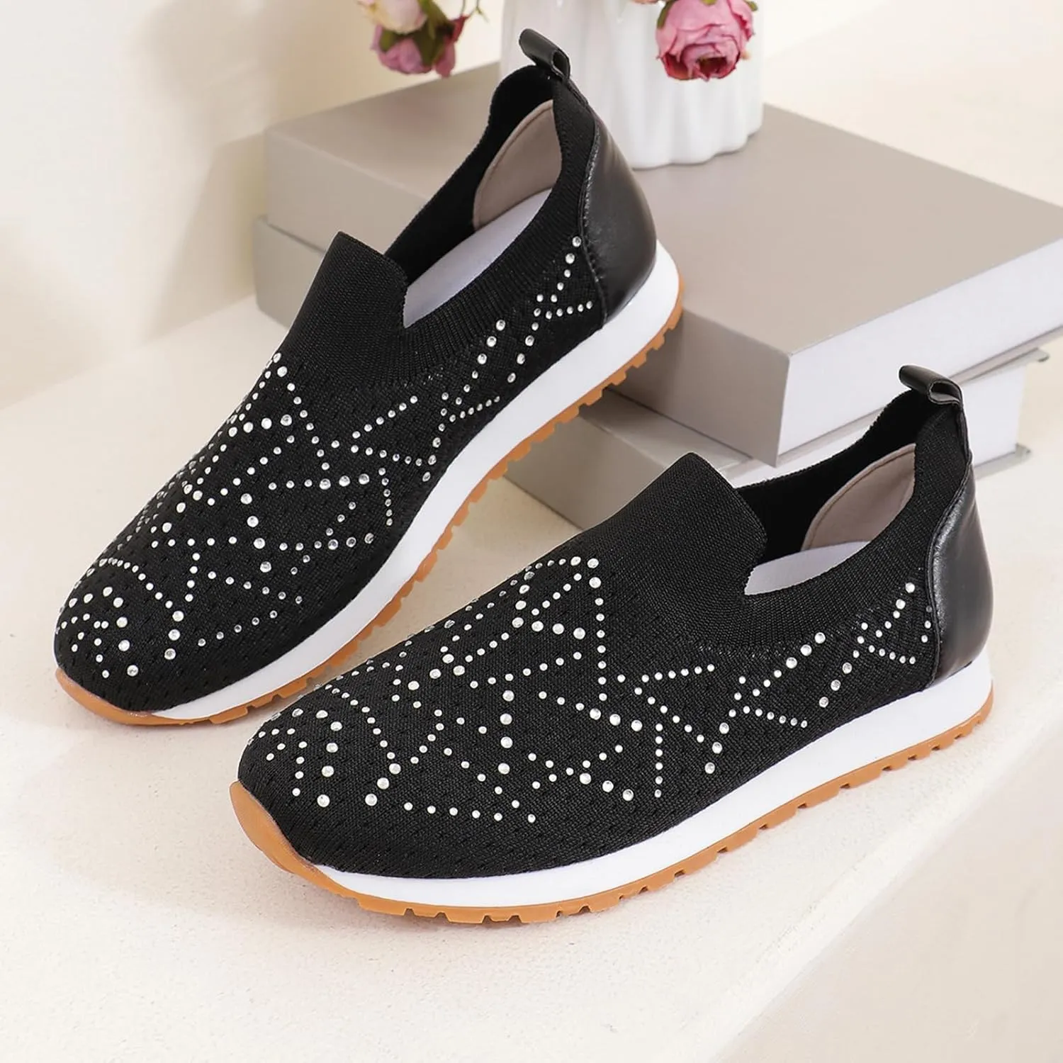 JITUUE Women's Rhinestones Mesh Sport Slip-on Shoes,Non Slip Breathable Lightweight Walking Shoes Sparkling Glitter Casual Sock Sneakers Ballroom Jazz Nurse Shoes