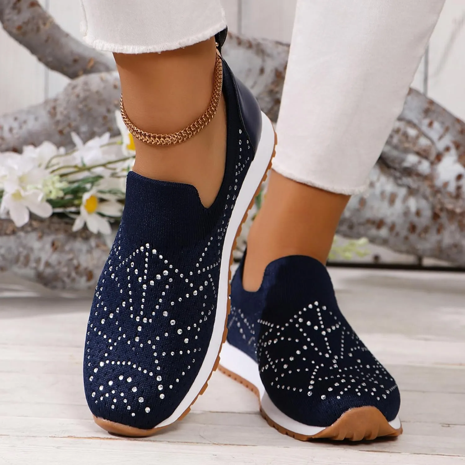 JITUUE Women's Rhinestones Mesh Sport Slip-on Shoes,Non Slip Breathable Lightweight Walking Shoes Sparkling Glitter Casual Sock Sneakers Ballroom Jazz Nurse Shoes