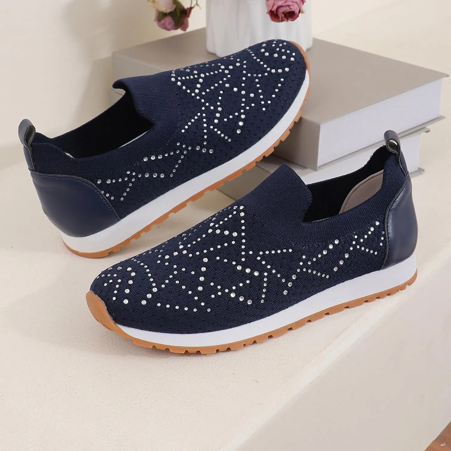 JITUUE Women's Rhinestones Mesh Sport Slip-on Shoes,Non Slip Breathable Lightweight Walking Shoes Sparkling Glitter Casual Sock Sneakers Ballroom Jazz Nurse Shoes