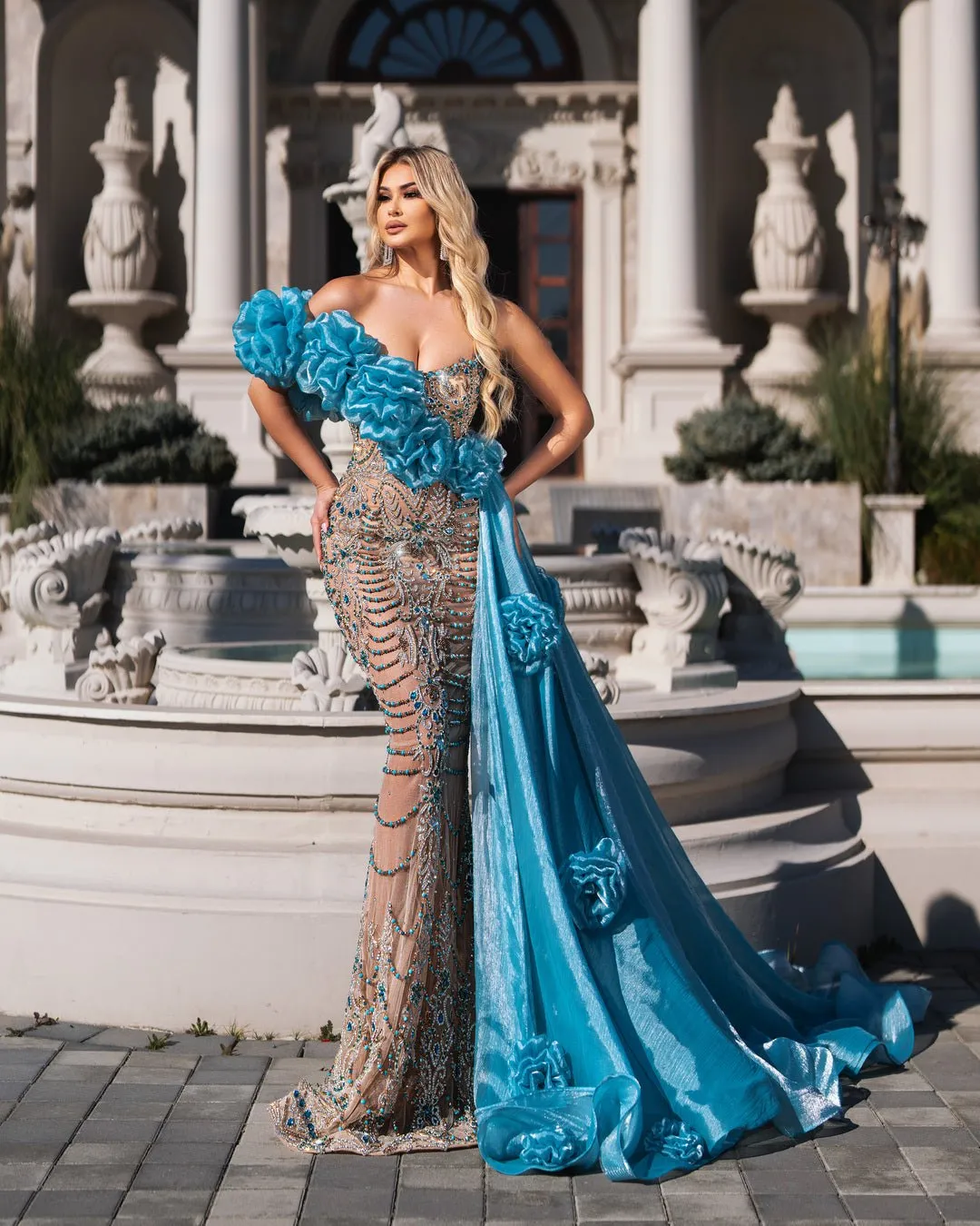 Junana Blue Dress Embellished with Crystals