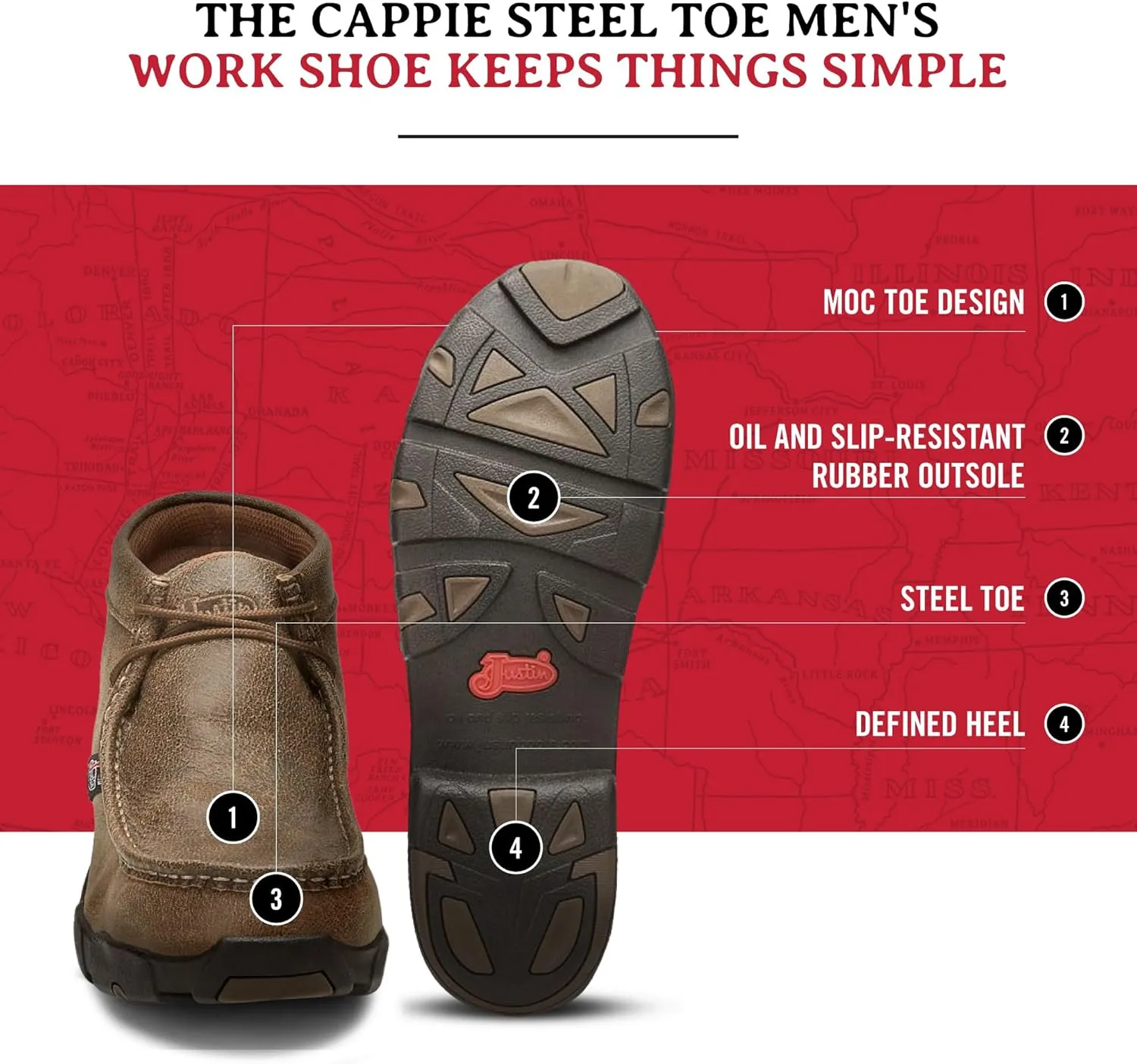 Justin Cappie Steel Toe Work Boots for Men - Full-Grain Leather Moc Toe Chukka Boots with Oil- and Slip-Resistant Outsole, EH-Rated