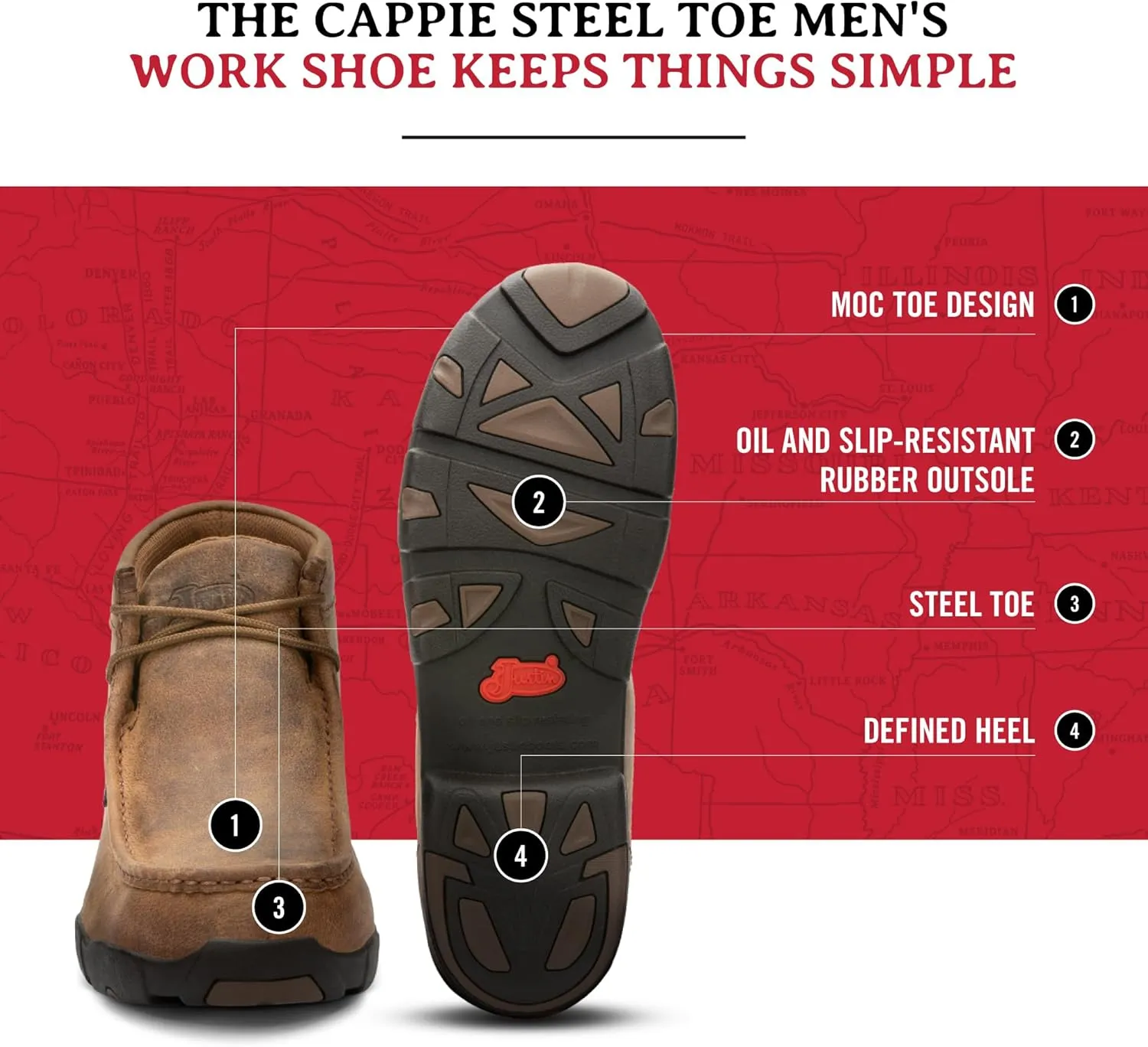 Justin Cappie Steel Toe Work Boots for Men - Full-Grain Leather Moc Toe Chukka Boots with Oil- and Slip-Resistant Outsole, EH-Rated