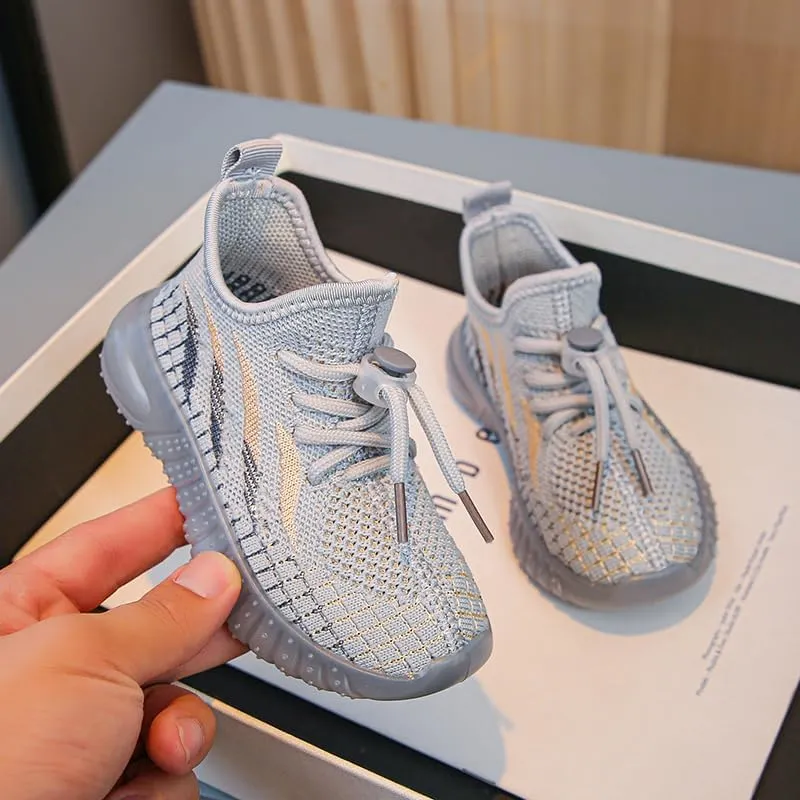 Kids Athletic Sneakers, Knit Mesh Running Shoes, Beige, Lightweight Breathable Design