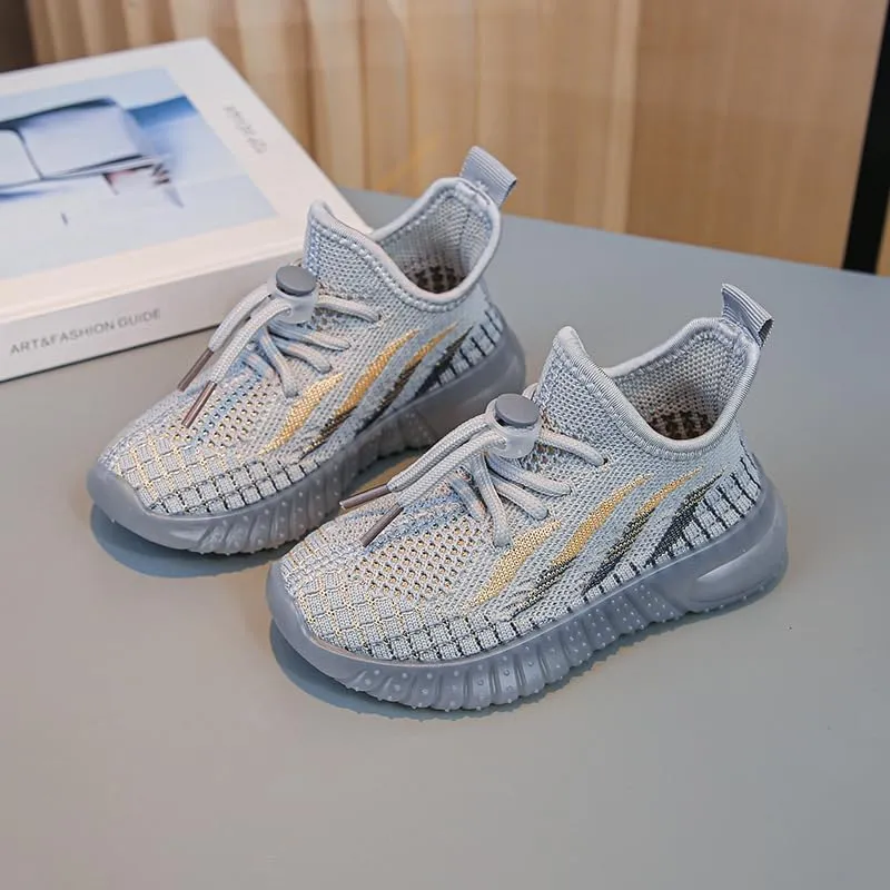 Kids Athletic Sneakers, Knit Mesh Running Shoes, Beige, Lightweight Breathable Design