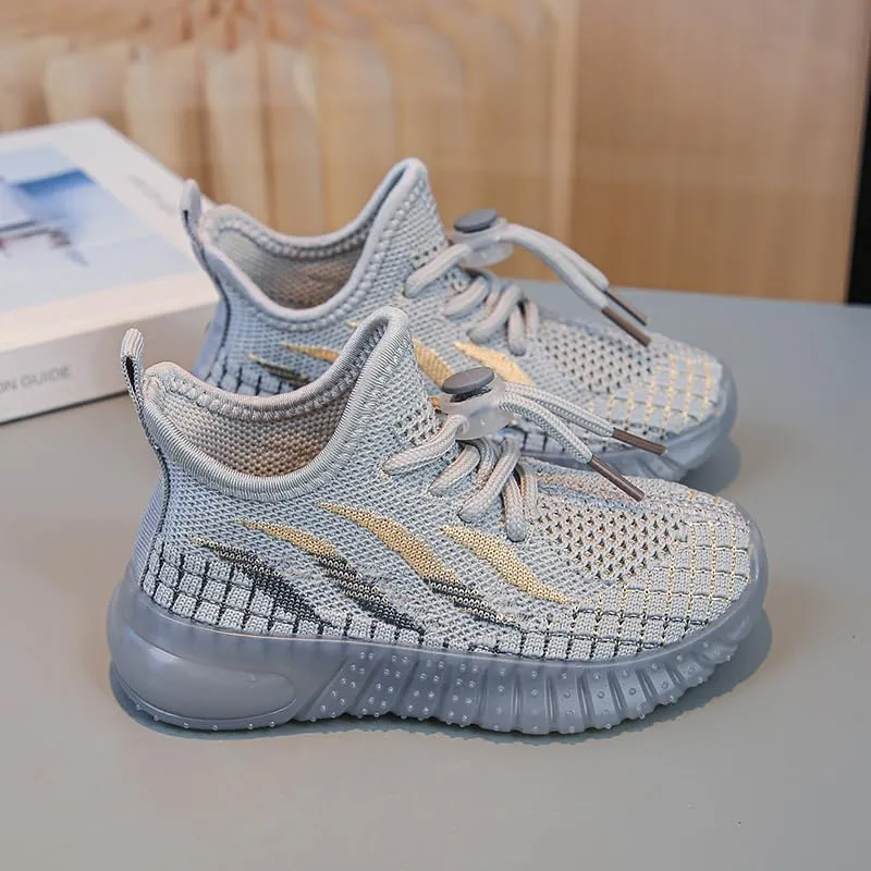 Kids Athletic Sneakers, Knit Mesh Running Shoes, Beige, Lightweight Breathable Design