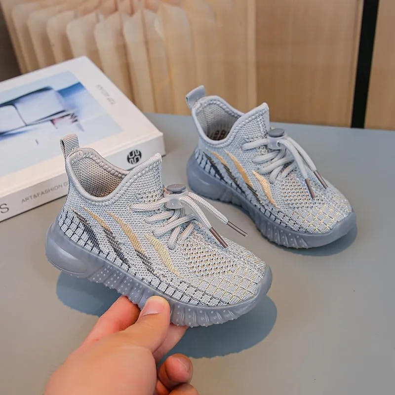 Kids Athletic Sneakers, Knit Mesh Running Shoes, Beige, Lightweight Breathable Design