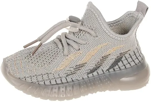 Kids Athletic Sneakers, Knit Mesh Running Shoes, Beige, Lightweight Breathable Design