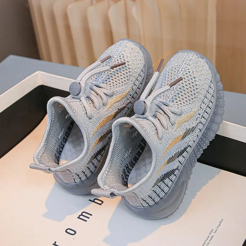 Kids Athletic Sneakers, Knit Mesh Running Shoes, Beige, Lightweight Breathable Design