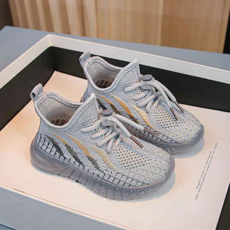 Kids Athletic Sneakers, Knit Mesh Running Shoes, Beige, Lightweight Breathable Design