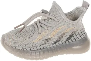 Kids Athletic Sneakers, Knit Mesh Running Shoes, Beige, Lightweight Breathable Design