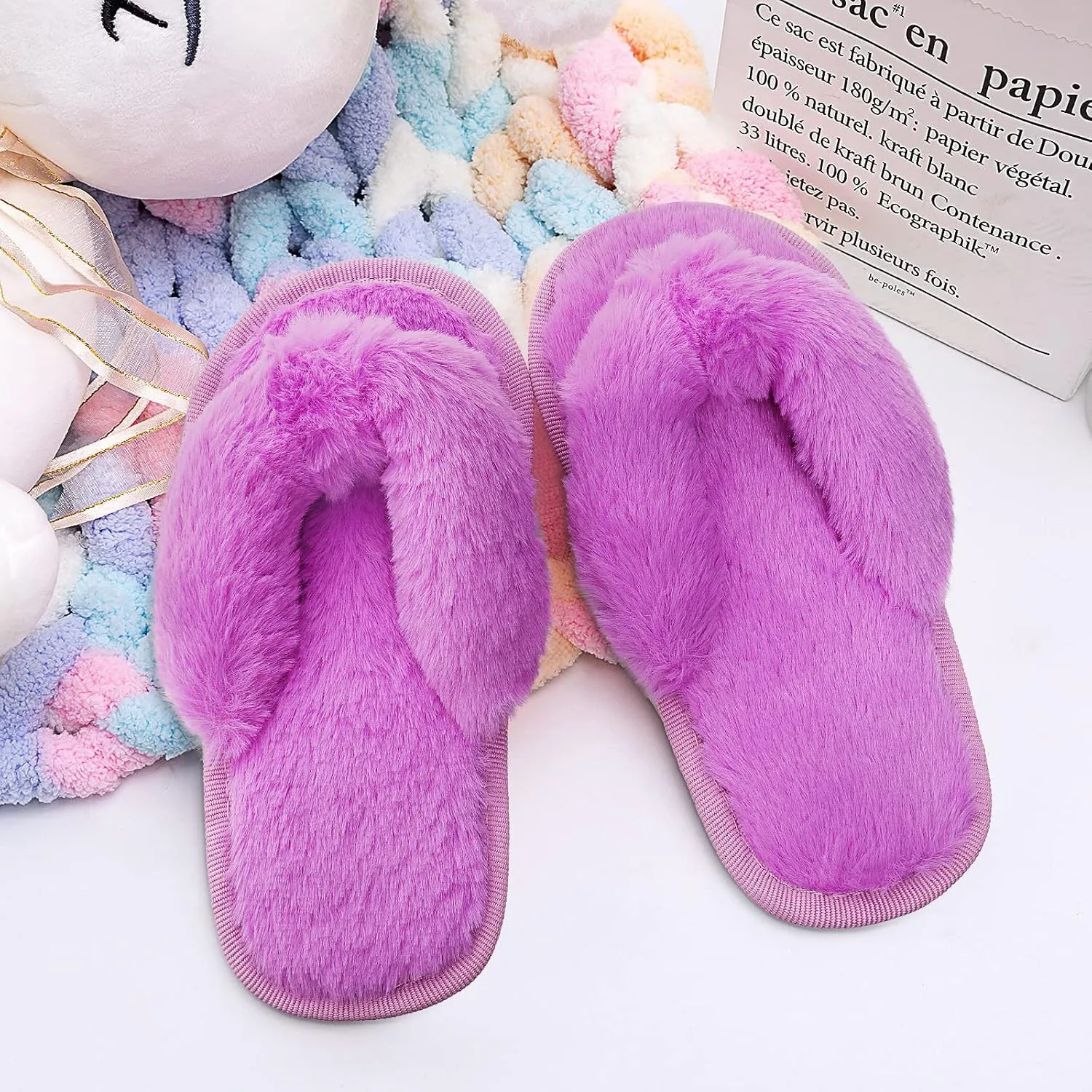Kids Flip Flop Slippers Soft Plush Fuzzy House Home Thong Slippers for Boys and Girls Open Toe Indoor Outdoor Warm Comfy Slip On