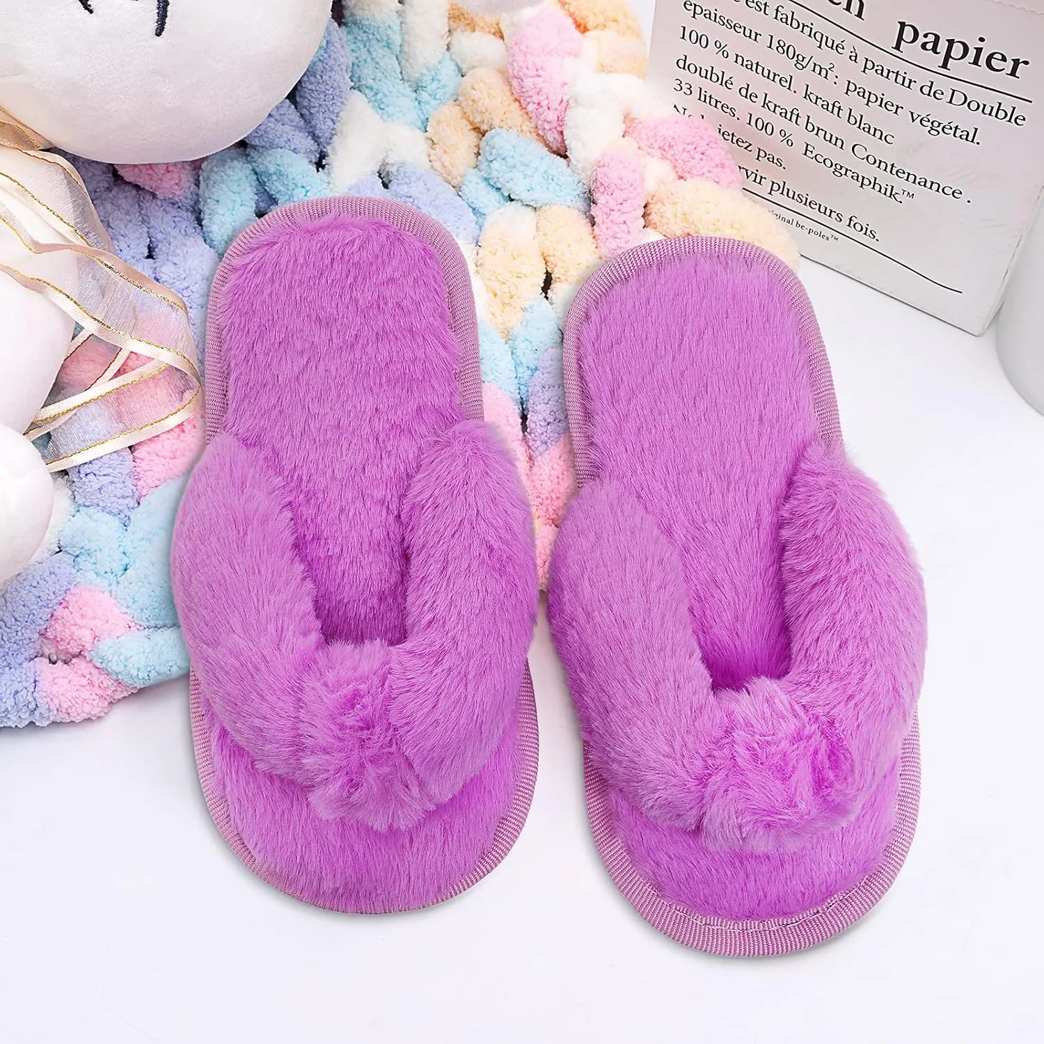 Kids Flip Flop Slippers Soft Plush Fuzzy House Home Thong Slippers for Boys and Girls Open Toe Indoor Outdoor Warm Comfy Slip On