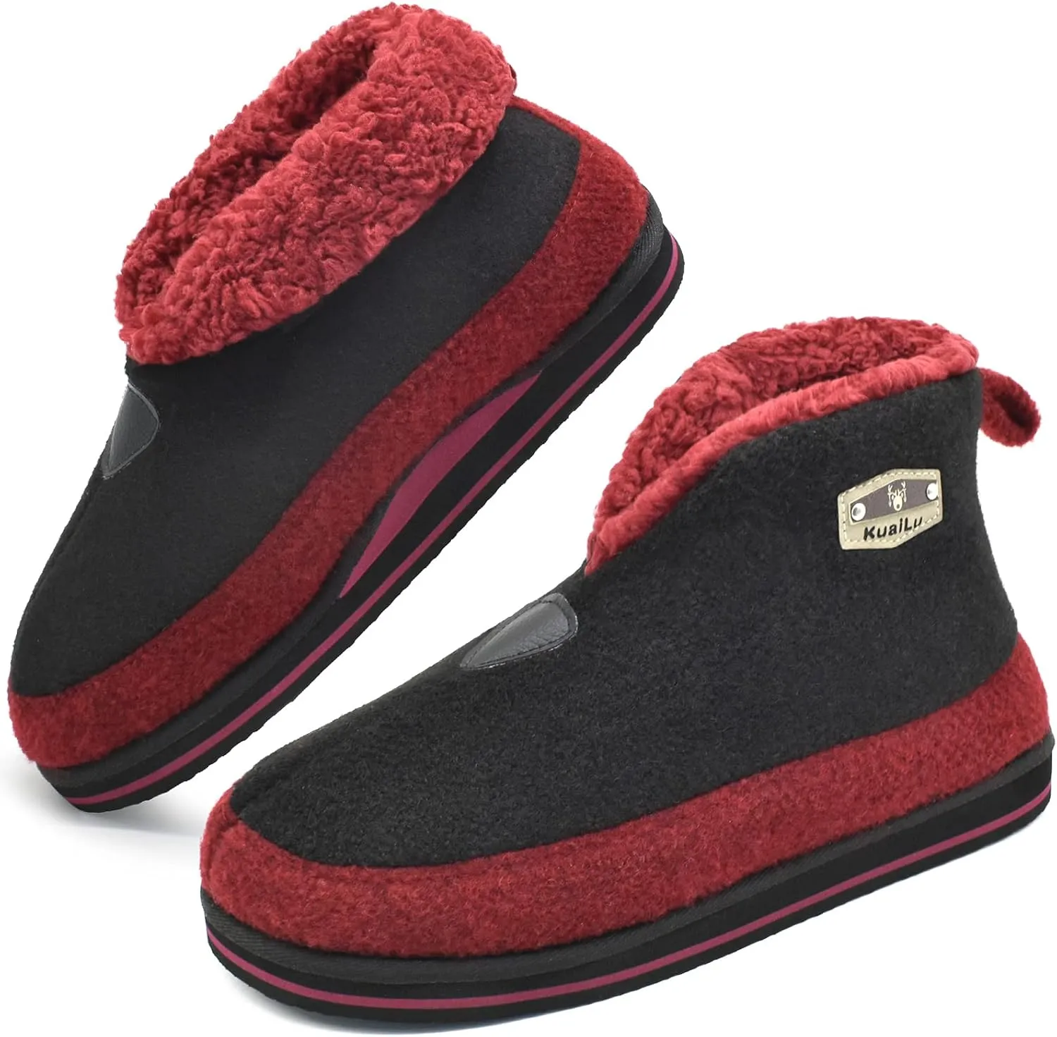 KuaiLu Mens Winter Slippers Memory Foam Slipper Boots for Men Cozy Felt Wool House Booties with Warm Sherpa Plush Lining Non-slip Rubber Sole Indoor Outdoor 7-14