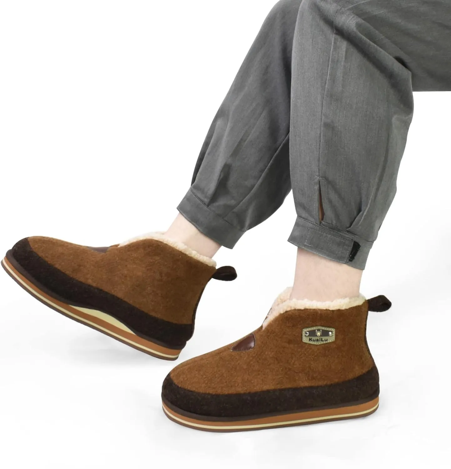 KuaiLu Mens Winter Slippers Memory Foam Slipper Boots for Men Cozy Felt Wool House Booties with Warm Sherpa Plush Lining Non-slip Rubber Sole Indoor Outdoor 7-14
