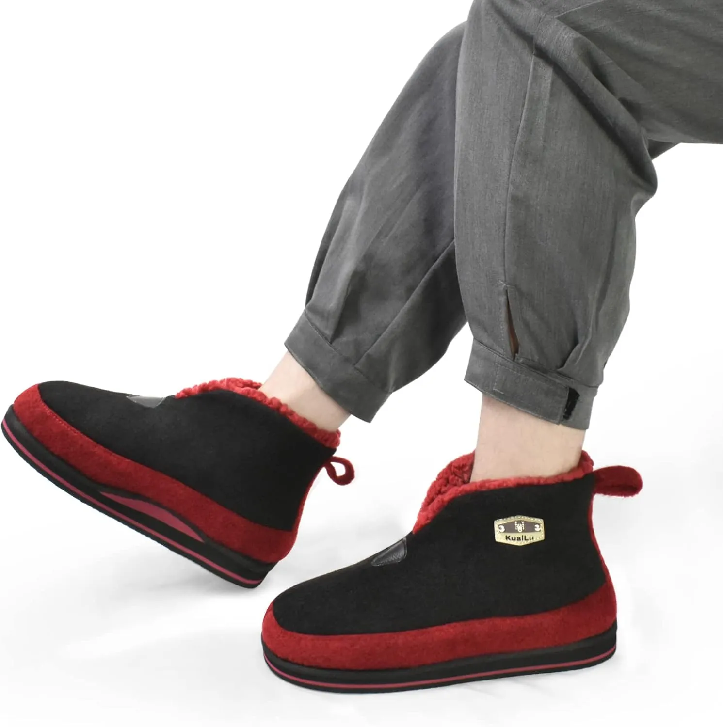 KuaiLu Mens Winter Slippers Memory Foam Slipper Boots for Men Cozy Felt Wool House Booties with Warm Sherpa Plush Lining Non-slip Rubber Sole Indoor Outdoor 7-14